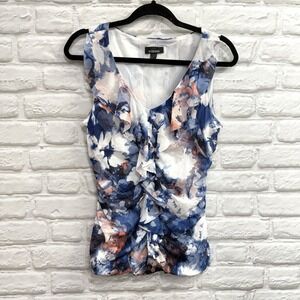 Whimsical Floral Ruffled Sleeveless Blouse L Blue Abstract Feminine Romantic Top